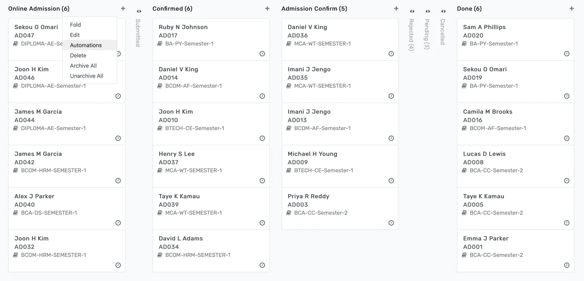 OpenEduCat student registration portal with document upload and real-time application status tracking